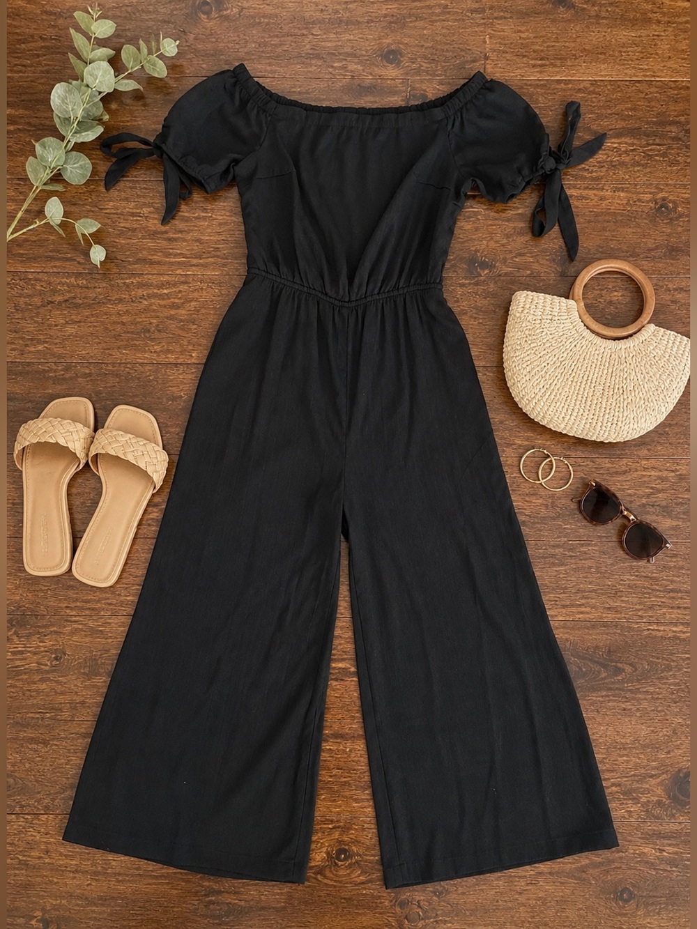 Doe & Rae Black Off Shoulder Jumpsuit Small | Wide Leg Tie Sleeve Romper Elegant
